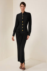 Metal Button Gathering Long Sleeve Midi Dress