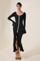 Jersey Single Breasted Ruffle Midi Dress