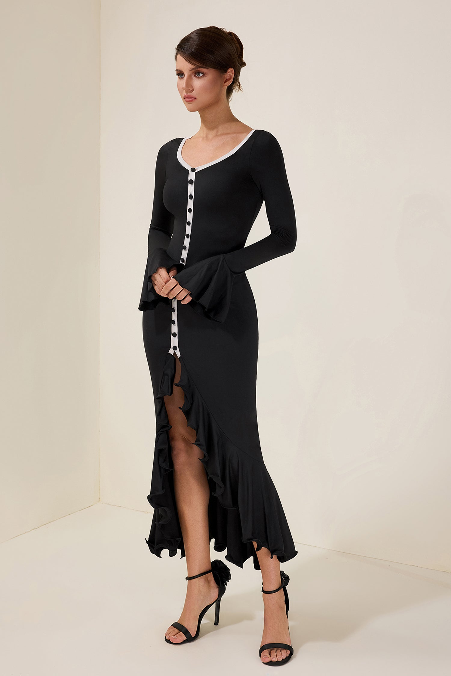 Jersey Single Breasted Ruffle Midi Dress