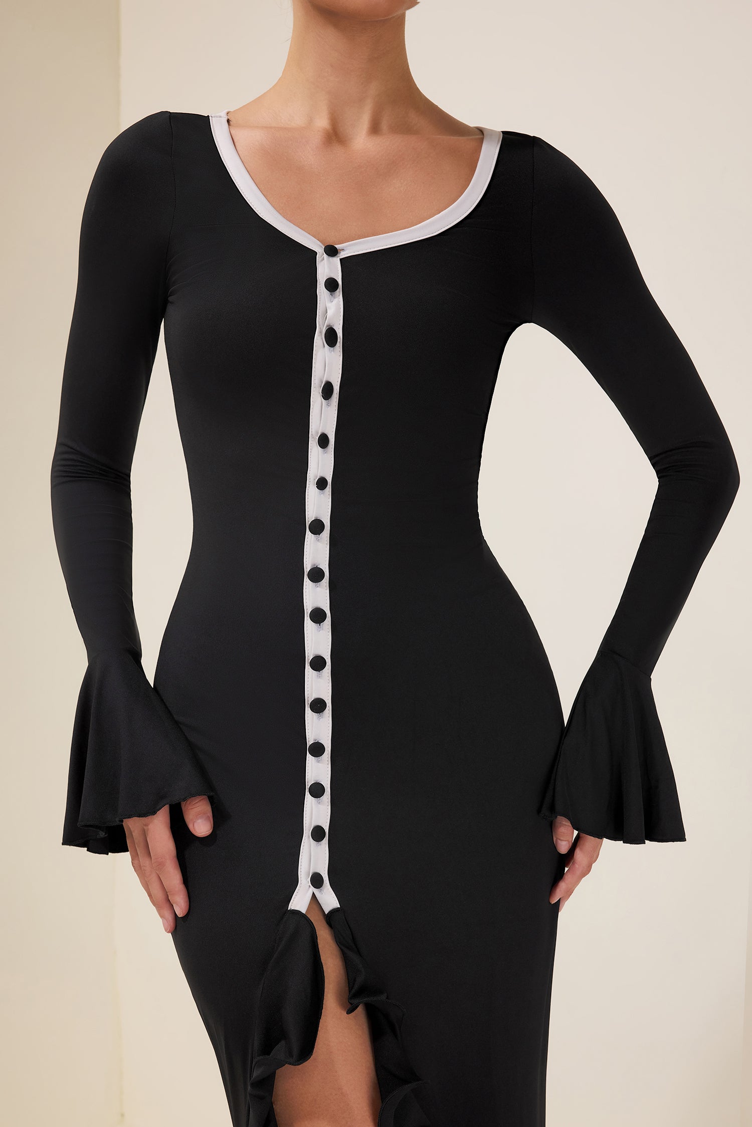 Jersey Single Breasted Ruffle Midi Dress
