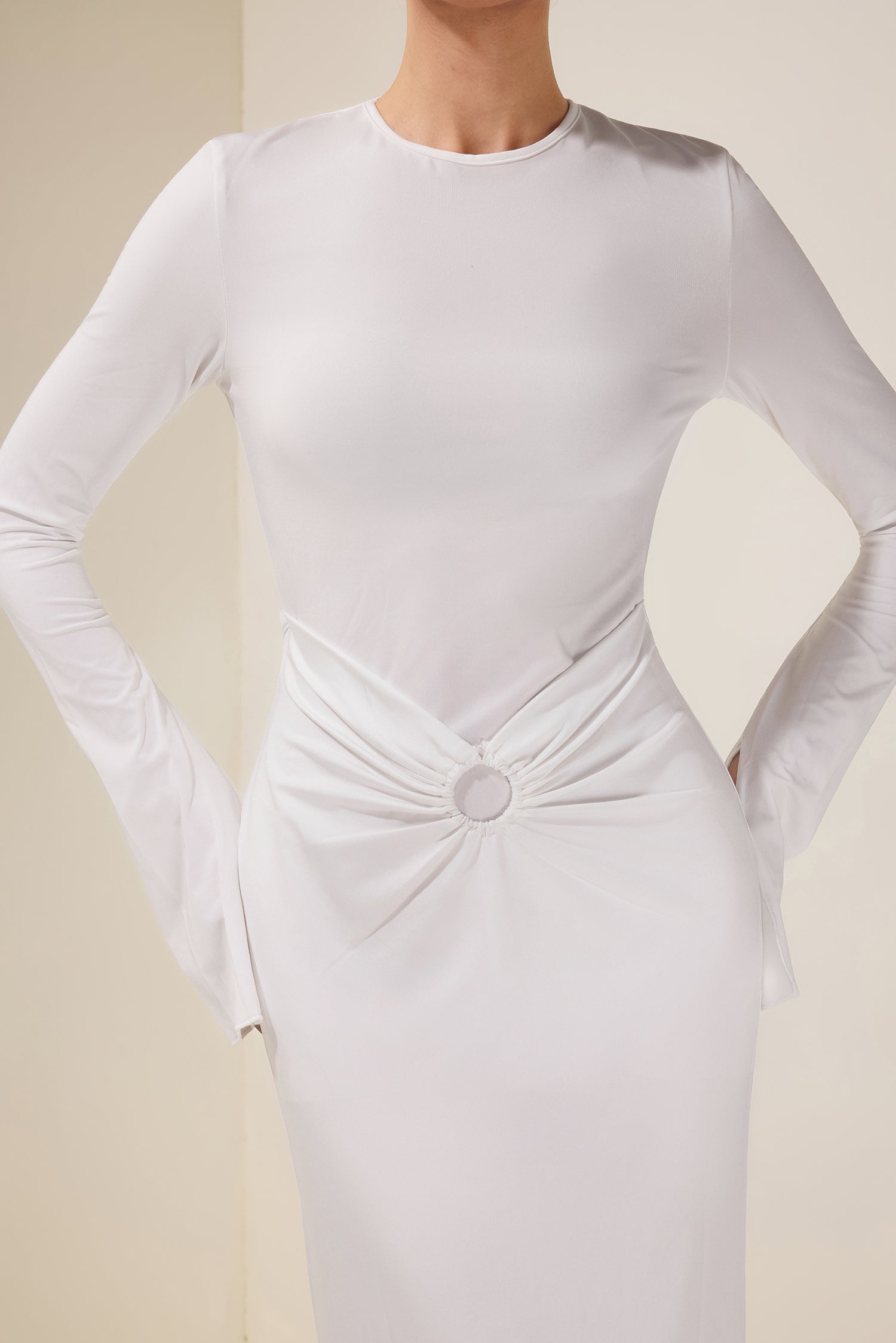 Jersey Gathering Backless Long Sleeve Maxi Dress
