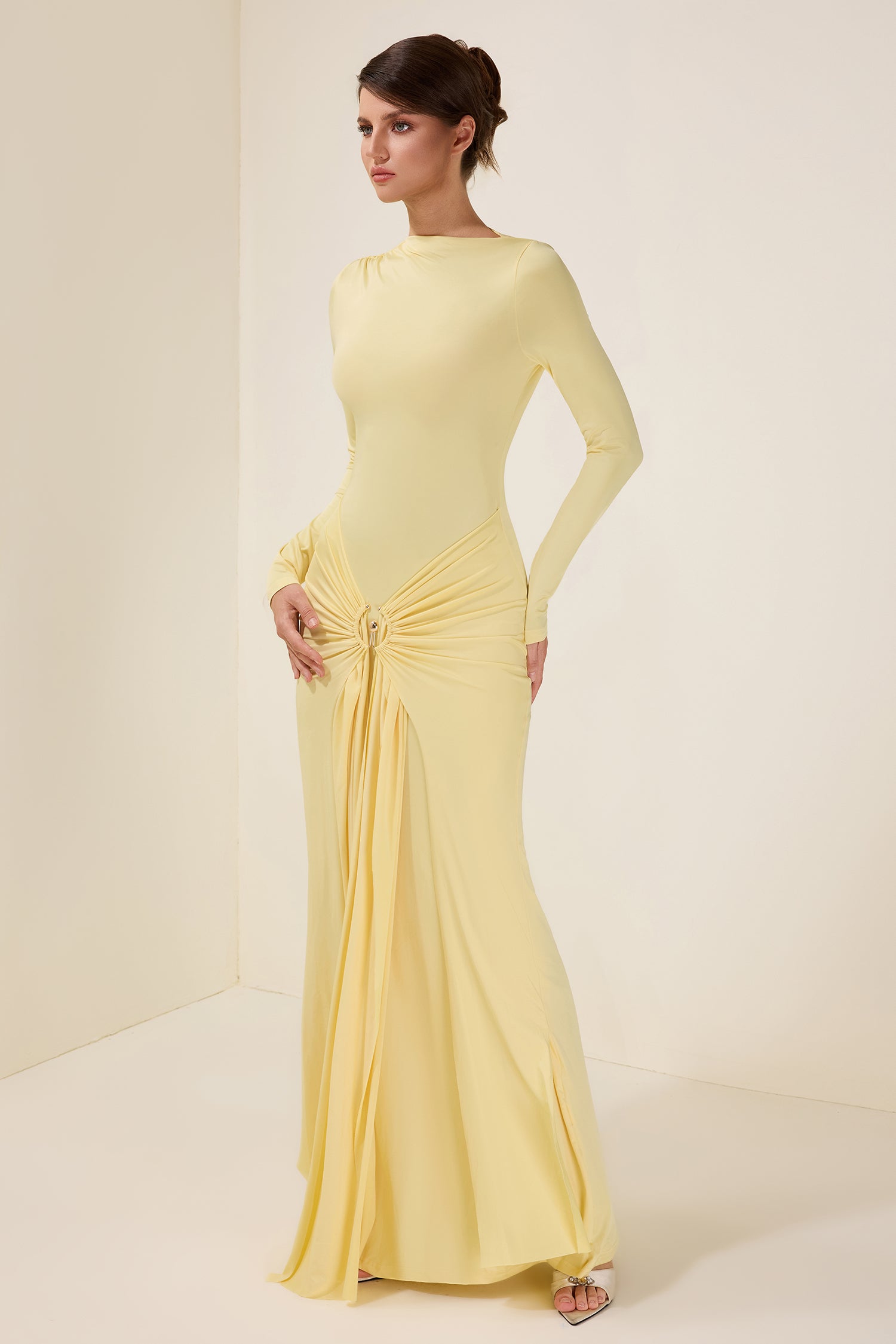 Jersey Knotted Metal Button Maxi Dress