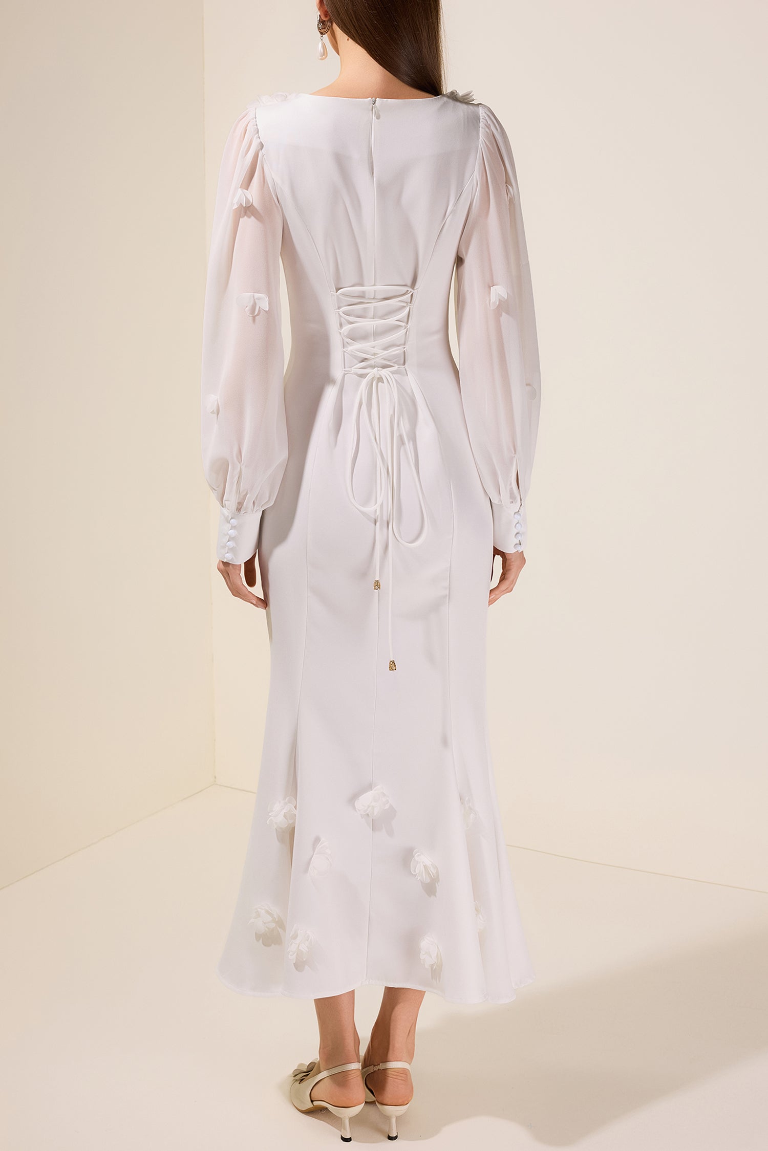 3D Flower Square Collar Lantern Sleeve Maxi Dress