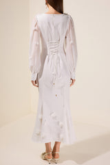 3D Flower Square Collar Lantern Sleeve Maxi Dress