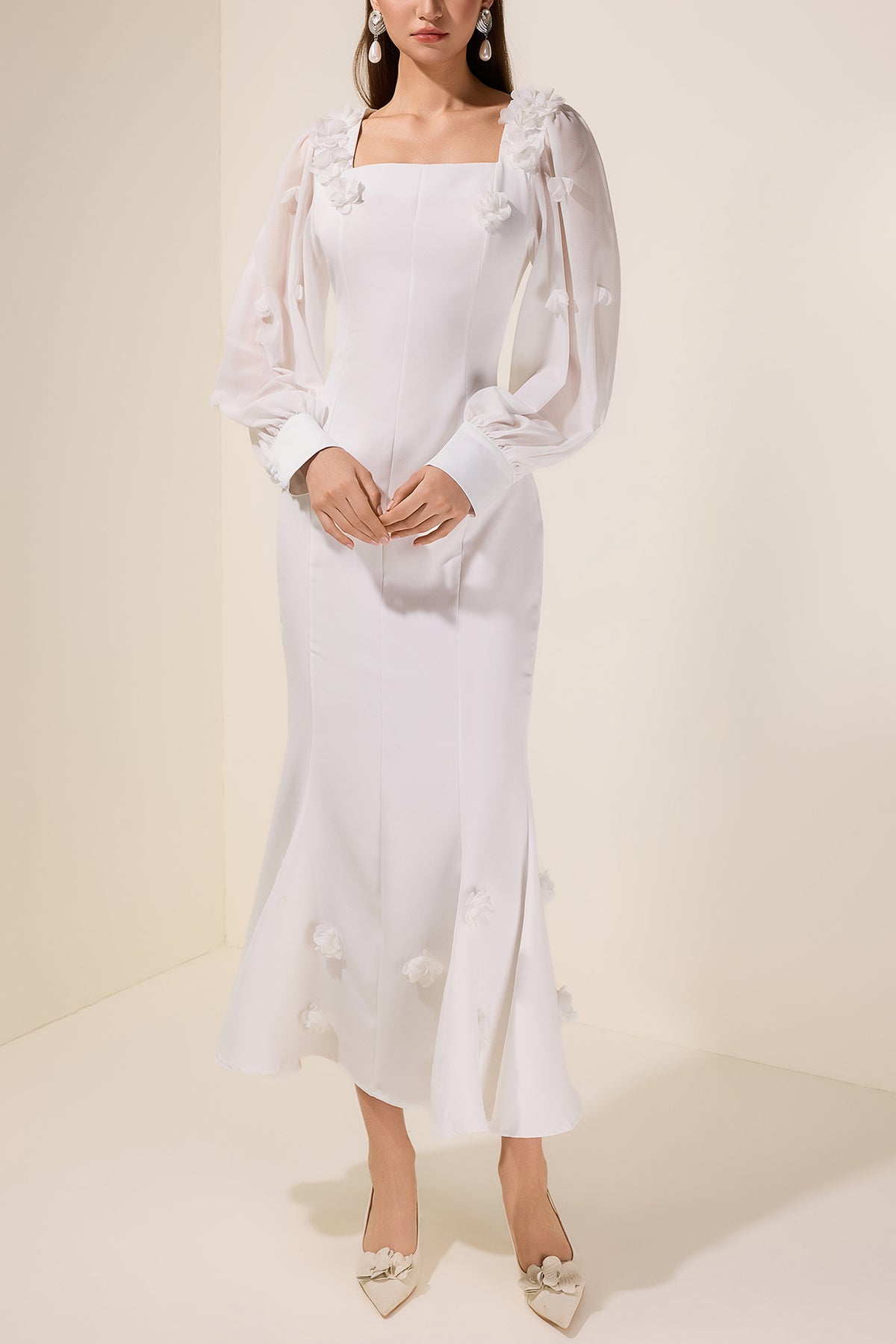 3D Flower Square Collar Lantern Sleeve Maxi Dress
