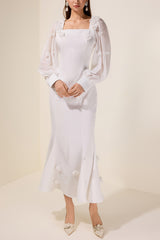 3D Flower Square Collar Lantern Sleeve Maxi Dress