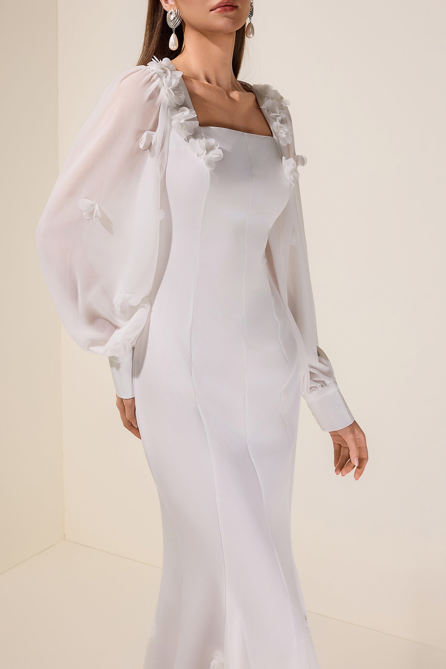 3D Flower Square Collar Lantern Sleeve Maxi Dress