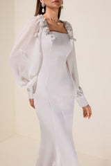 3D Flower Square Collar Lantern Sleeve Maxi Dress