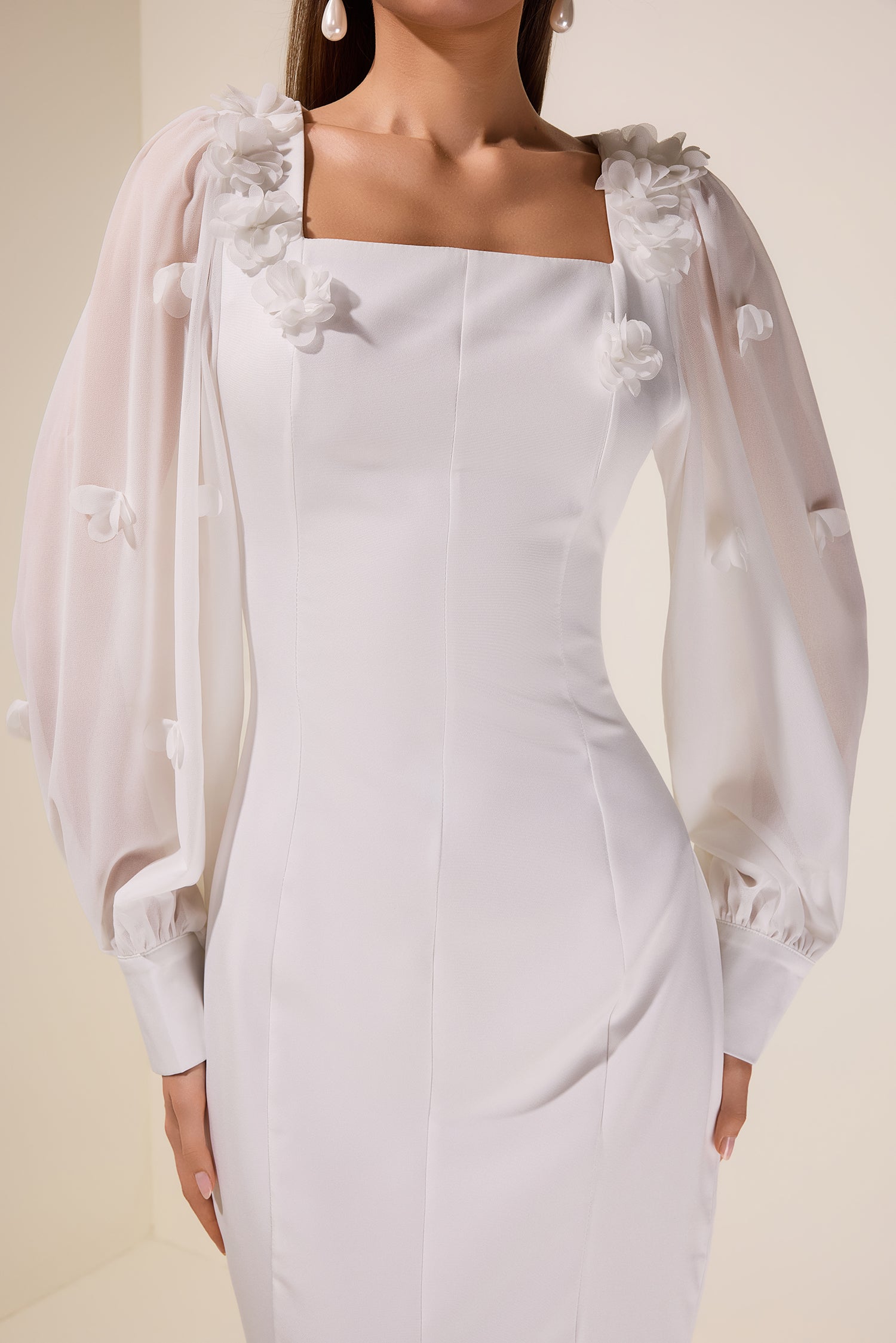 3D Flower Square Collar Lantern Sleeve Maxi Dress