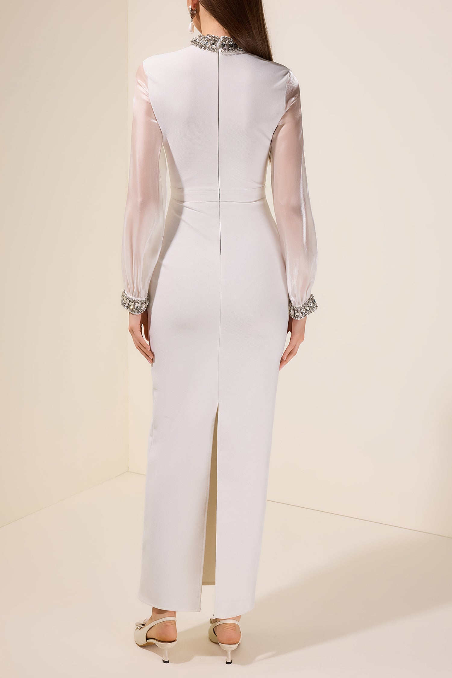 Rhinestone Bandage Splicing Organza Long Sleeve Maxi Dress