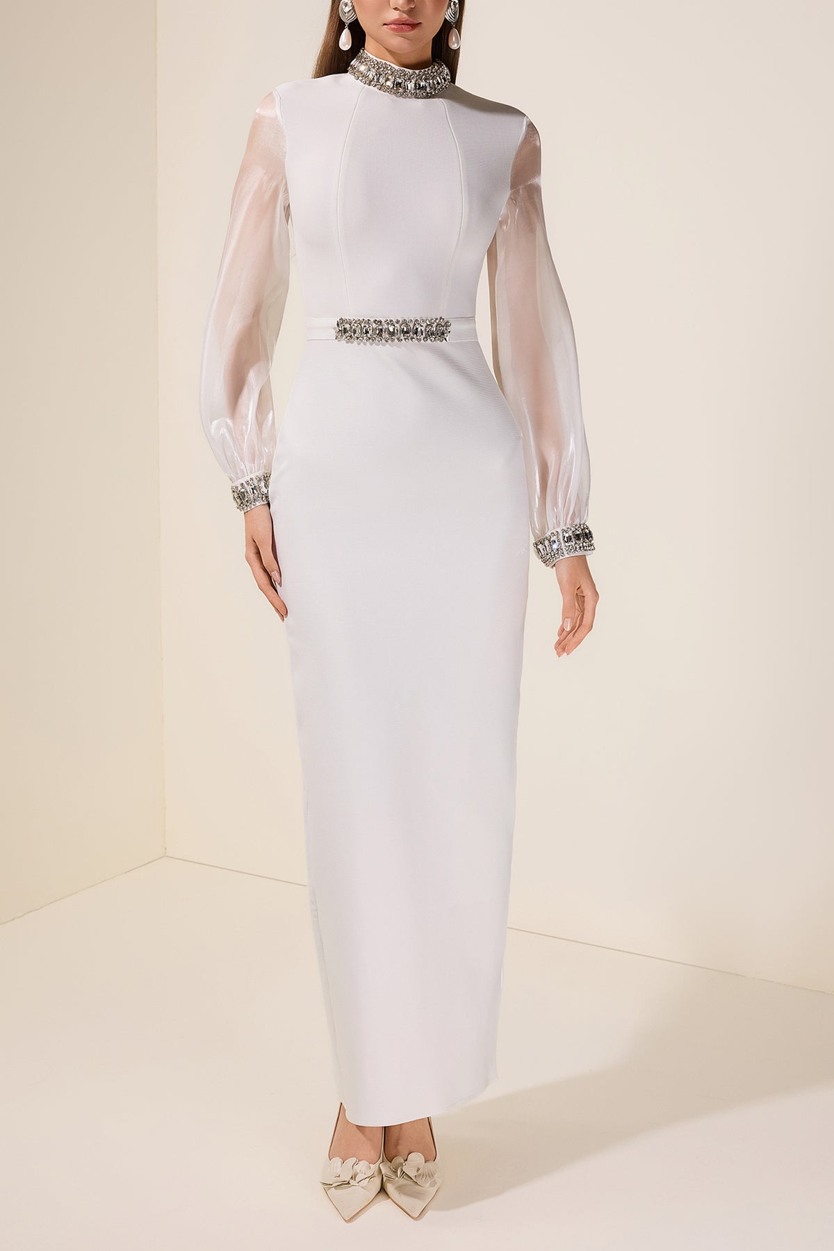 Rhinestone Bandage Splicing Organza Long Sleeve Maxi Dress
