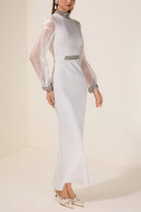 Rhinestone Bandage Splicing Organza Long Sleeve Maxi Dress