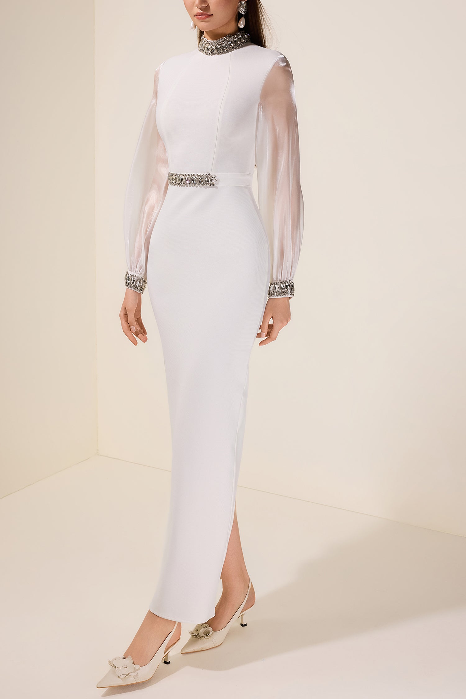 Rhinestone Bandage Splicing Organza Long Sleeve Maxi Dress