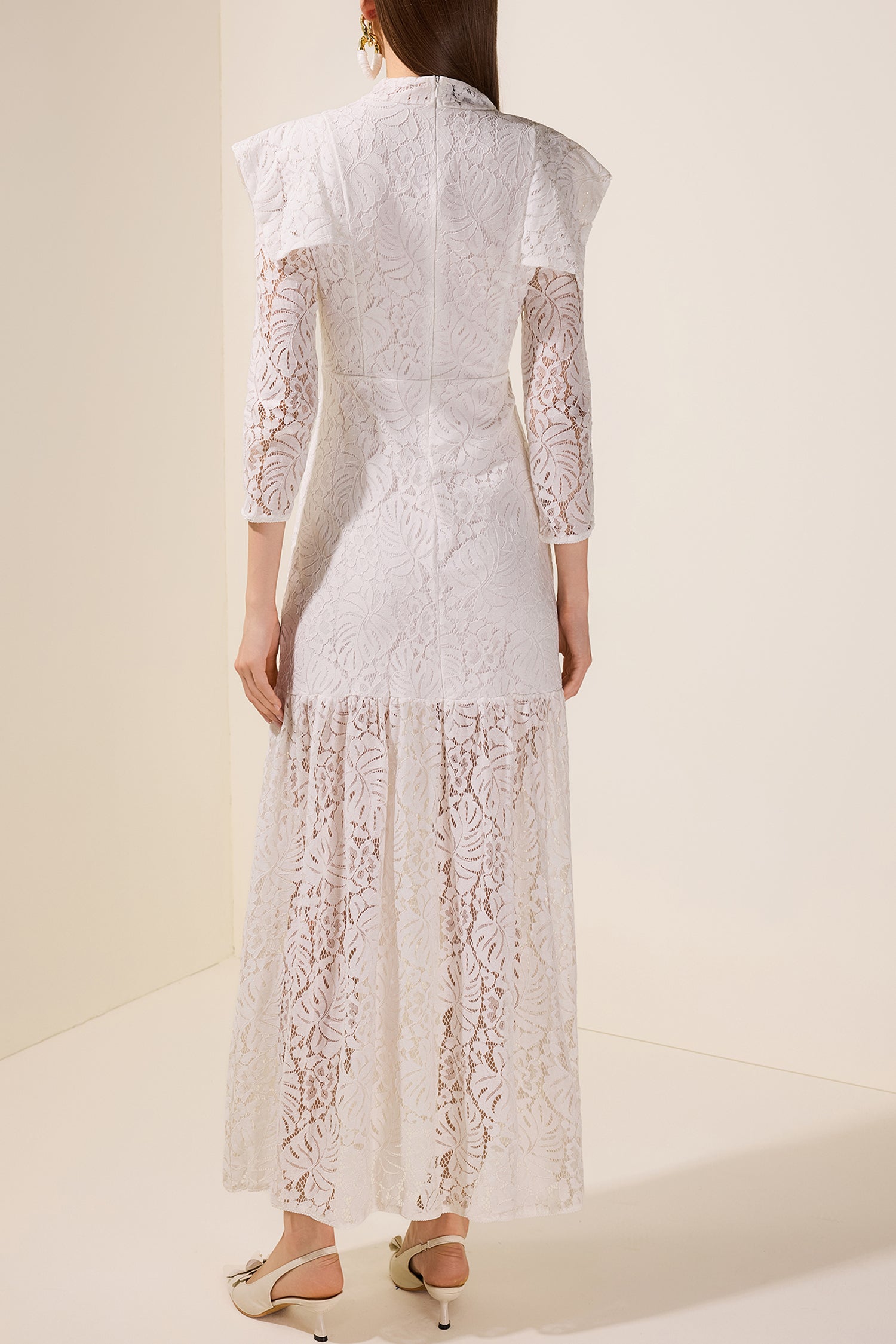 Lace Solid Long Sleeve Midi Dress