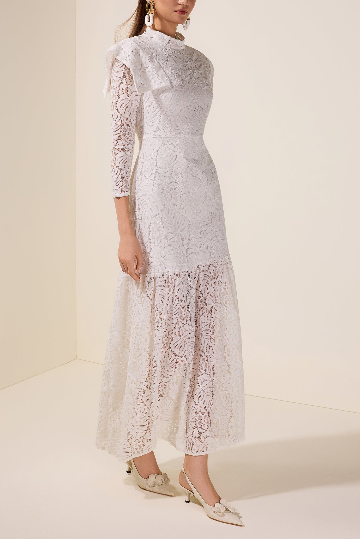 Lace Solid Long Sleeve Midi Dress