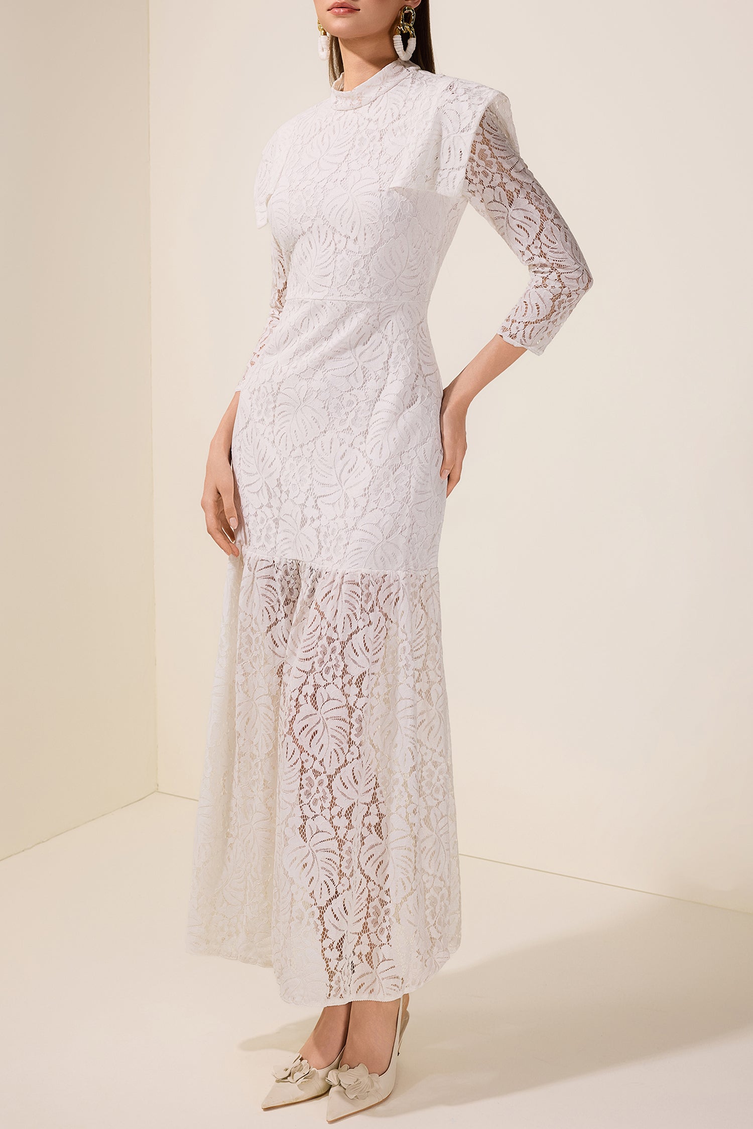 Lace Solid Long Sleeve Midi Dress