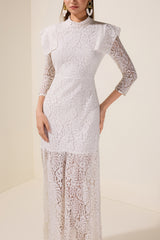 Lace Solid Long Sleeve Midi Dress
