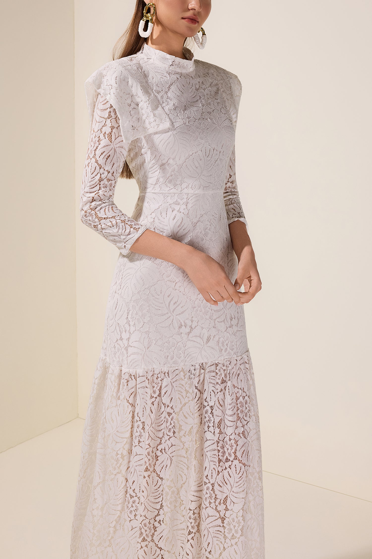 Lace Solid Long Sleeve Midi Dress
