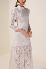 Lace Solid Long Sleeve Midi Dress