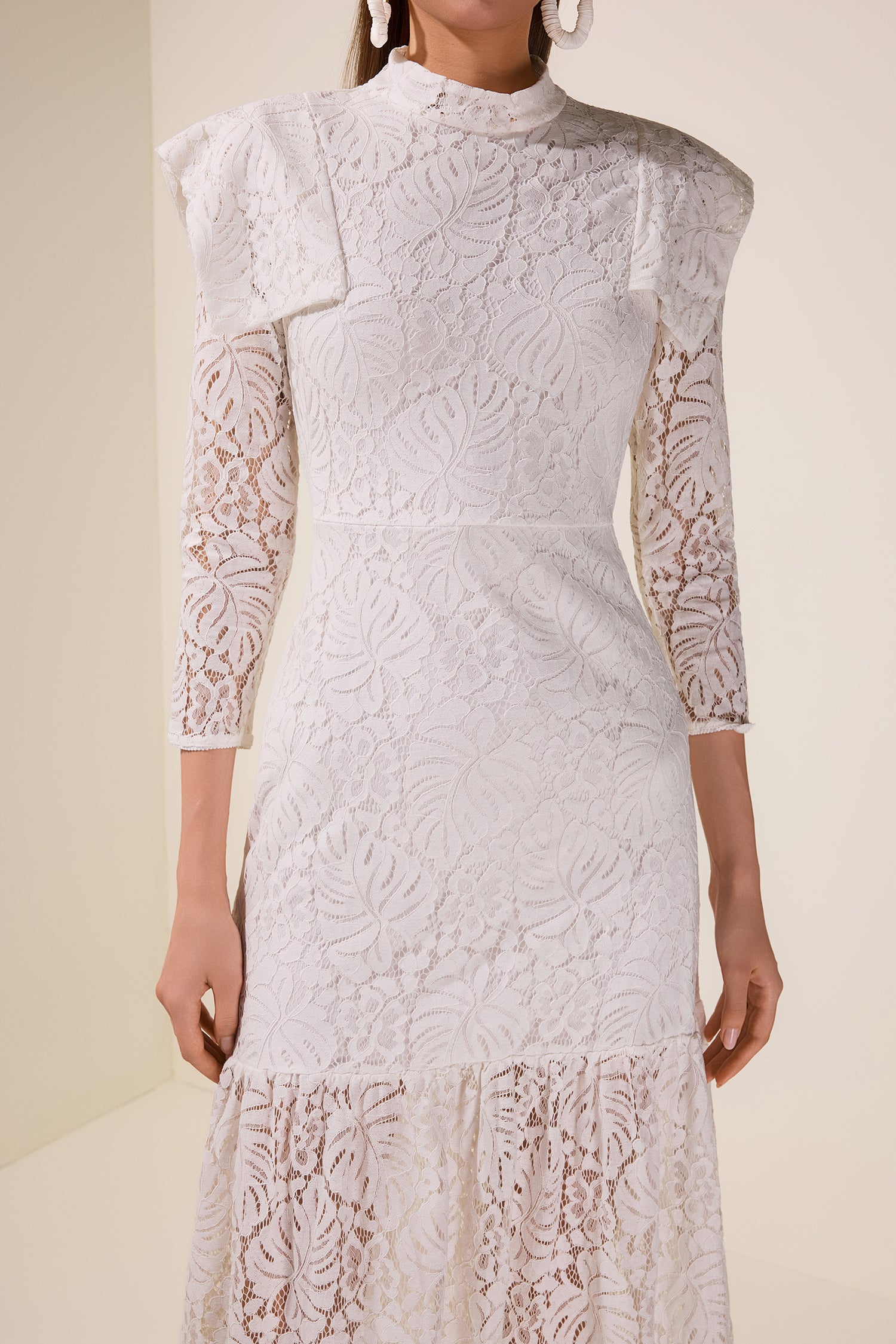 Lace Solid Long Sleeve Midi Dress