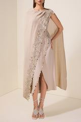 Embroidered Sleeveless Midi Dress With Cape