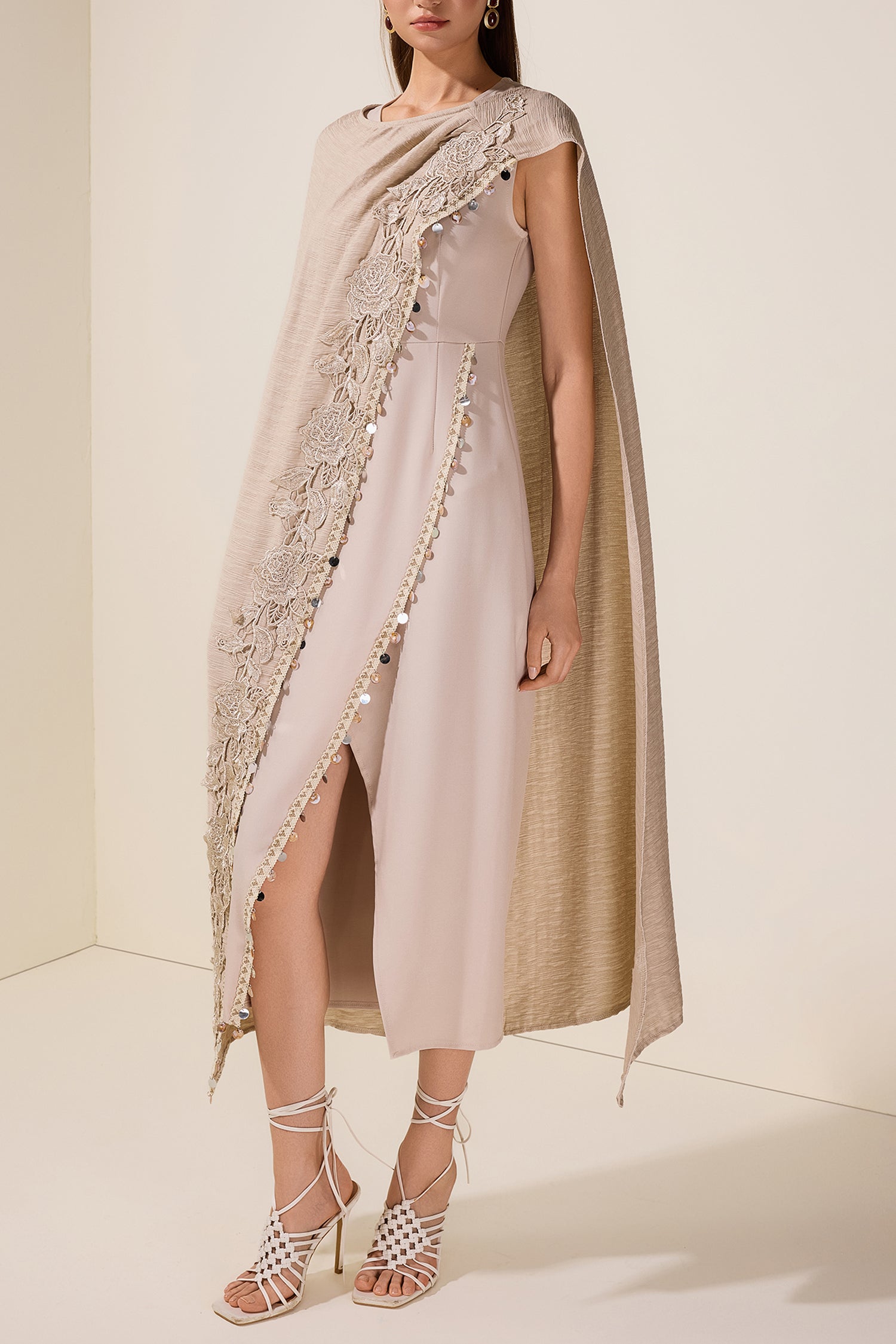 Embroidered Sleeveless Midi Dress With Cape
