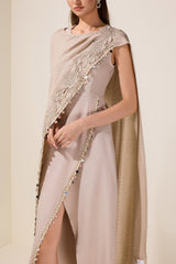 Embroidered Sleeveless Midi Dress With Cape