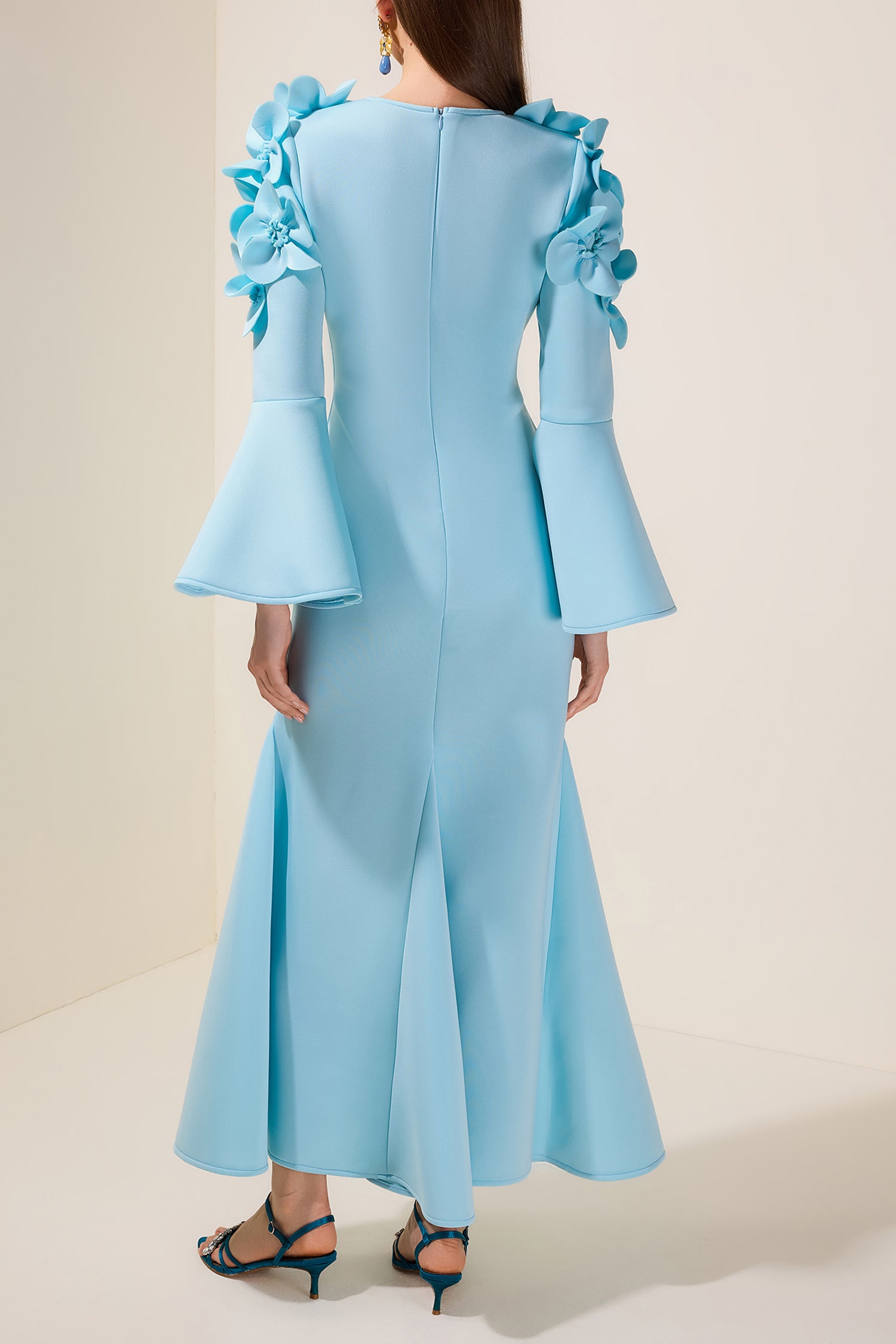 3D Flower Square Collar Bell Sleeve Maxi Dress