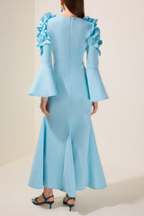 3D Flower Square Collar Bell Sleeve Maxi Dress