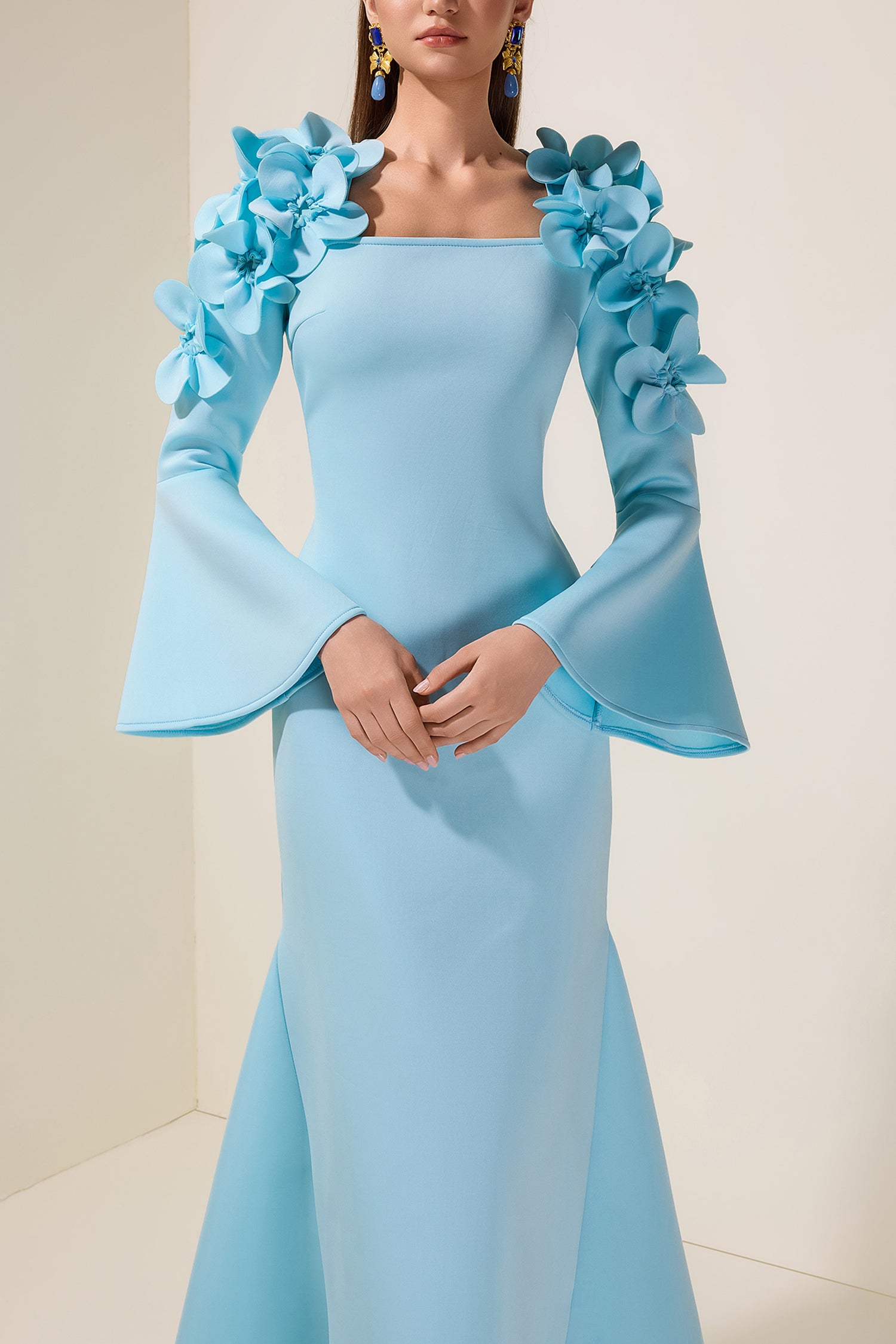 3D Flower Square Collar Bell Sleeve Maxi Dress