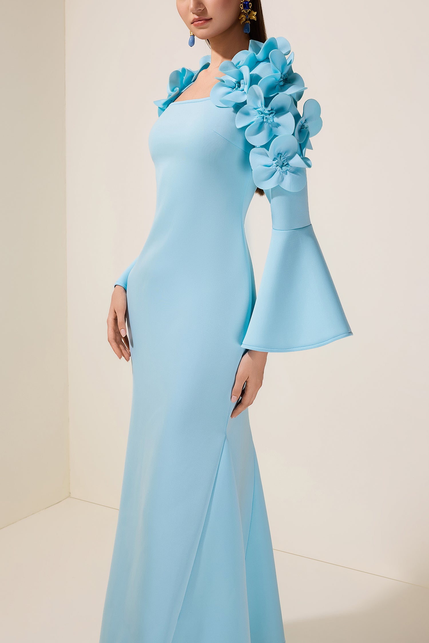 3D Flower Square Collar Bell Sleeve Maxi Dress