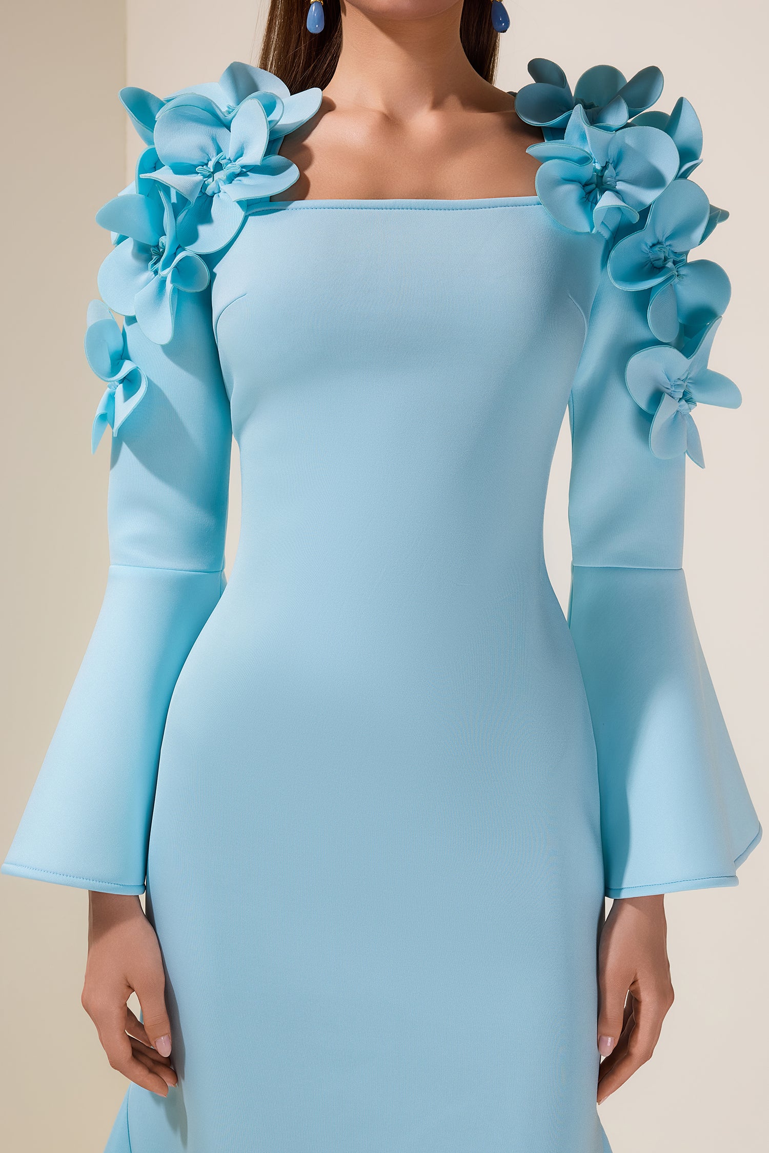 3D Flower Square Collar Bell Sleeve Maxi Dress