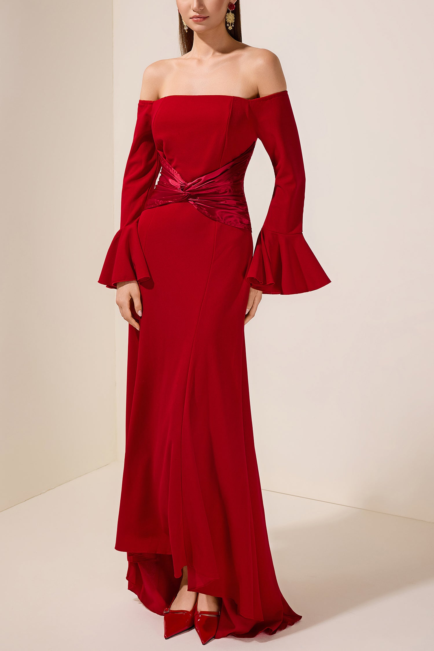 Satin Splicing Knotted Off-Shoulder Maxi Dress