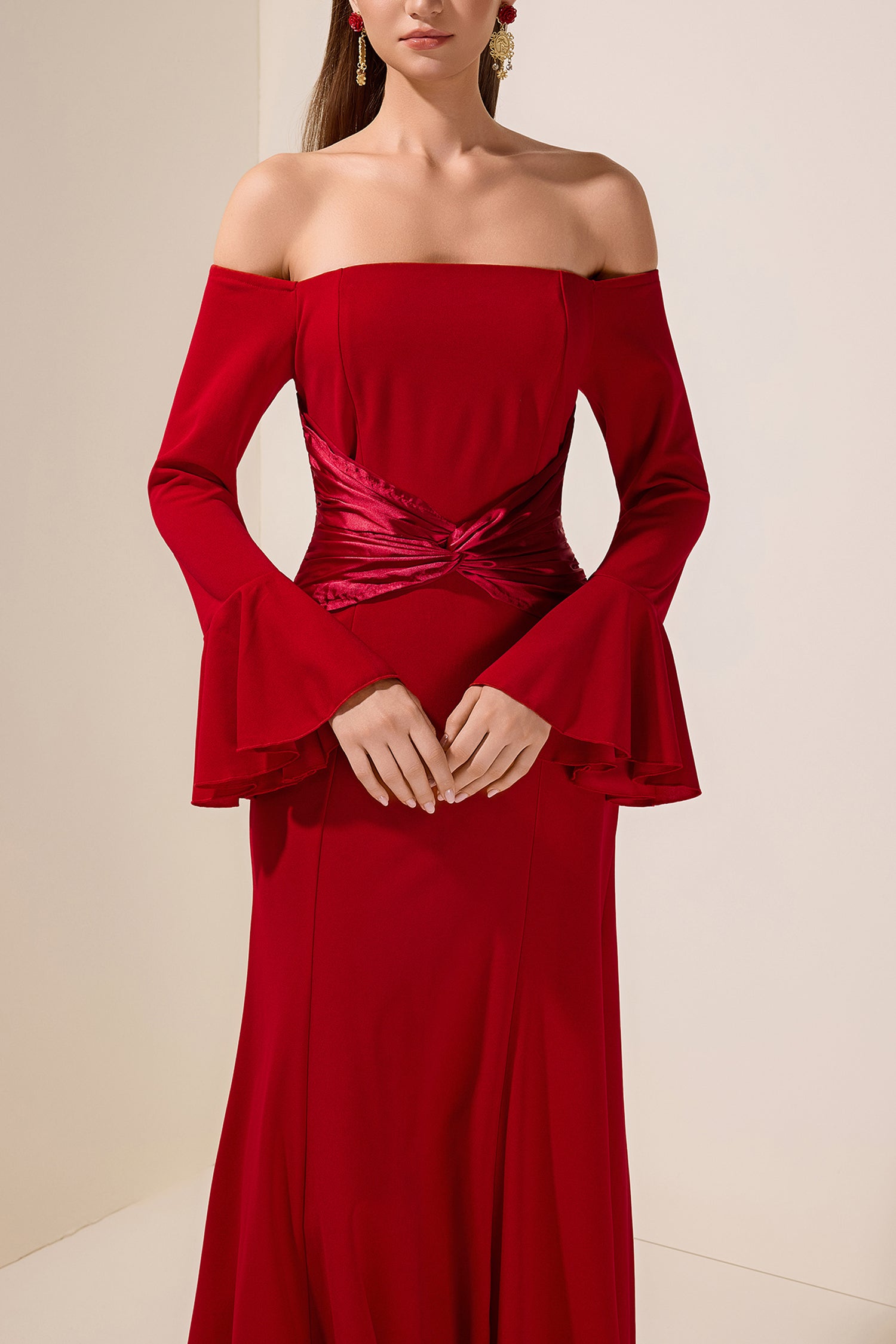 Satin Splicing Knotted Off-Shoulder Maxi Dress