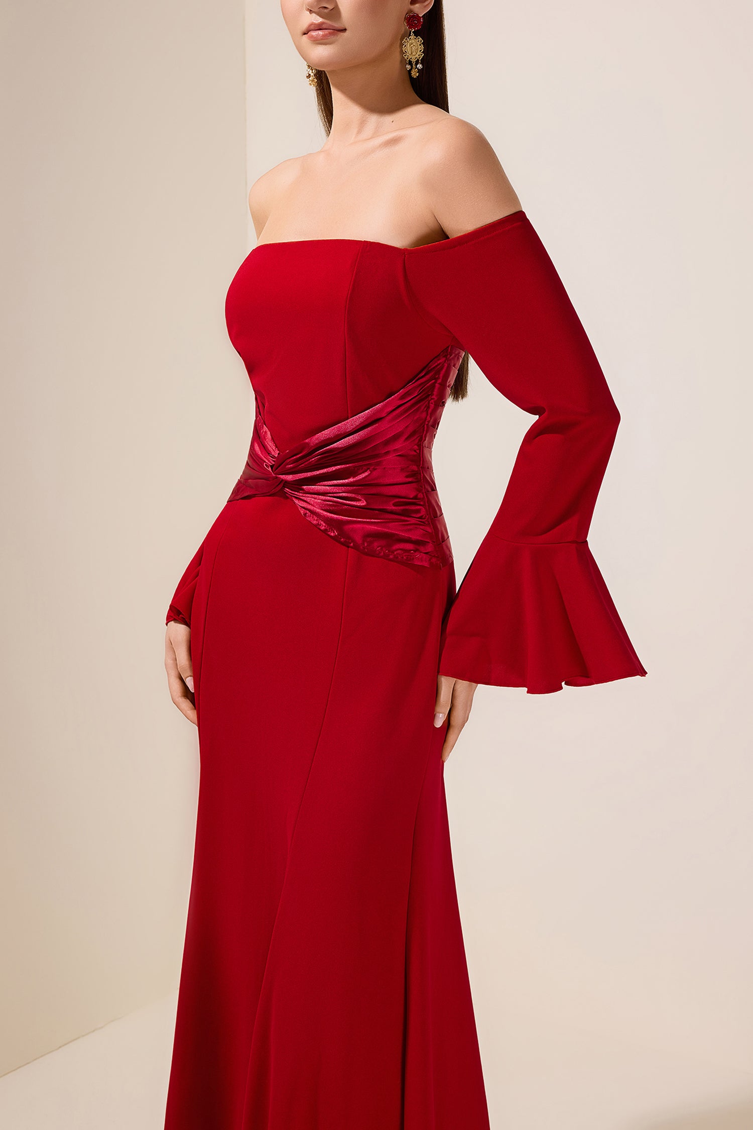 Satin Splicing Knotted Off-Shoulder Maxi Dress