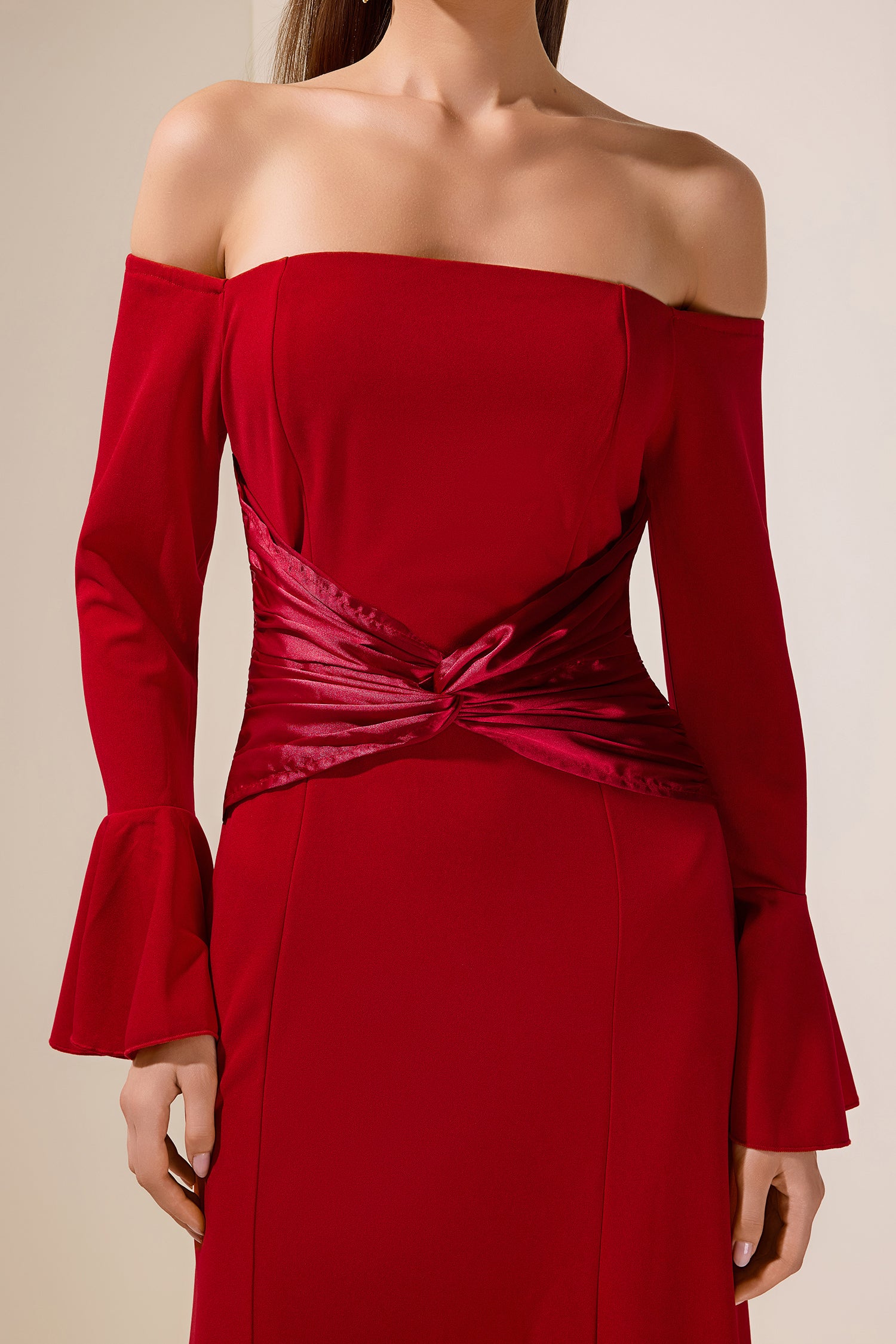 Satin Splicing Knotted Off-Shoulder Maxi Dress