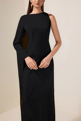 Contrast Color One Sleeve Maxi Dress