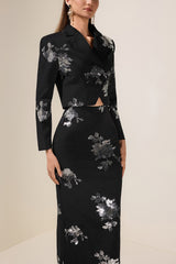 Sequin Floral Tailored Collar Blazer & High Waist Lace Midi Skirt Set