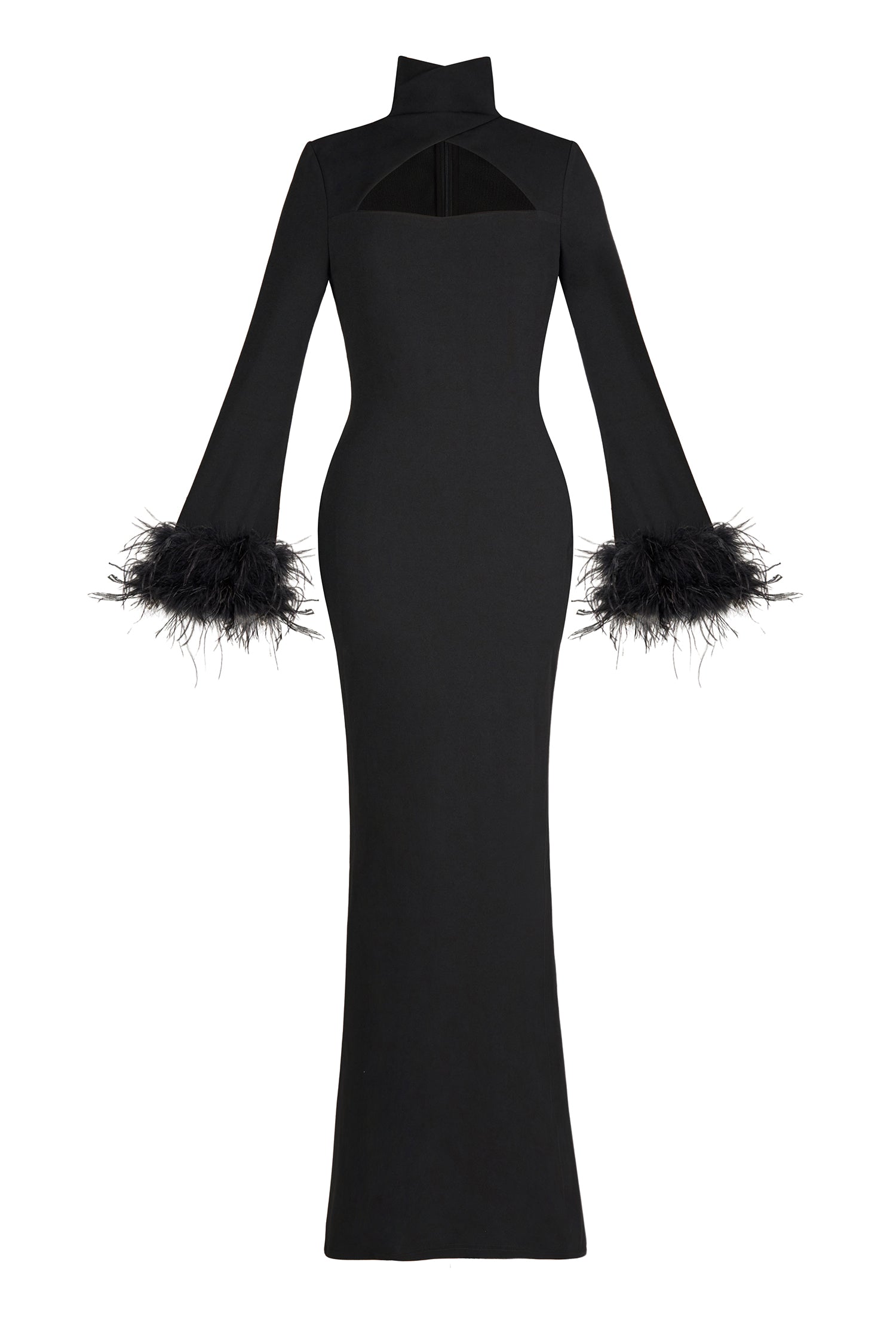 Feather Solid High Neck Midi Dress