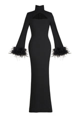 Feather Solid High Neck Midi Dress Black