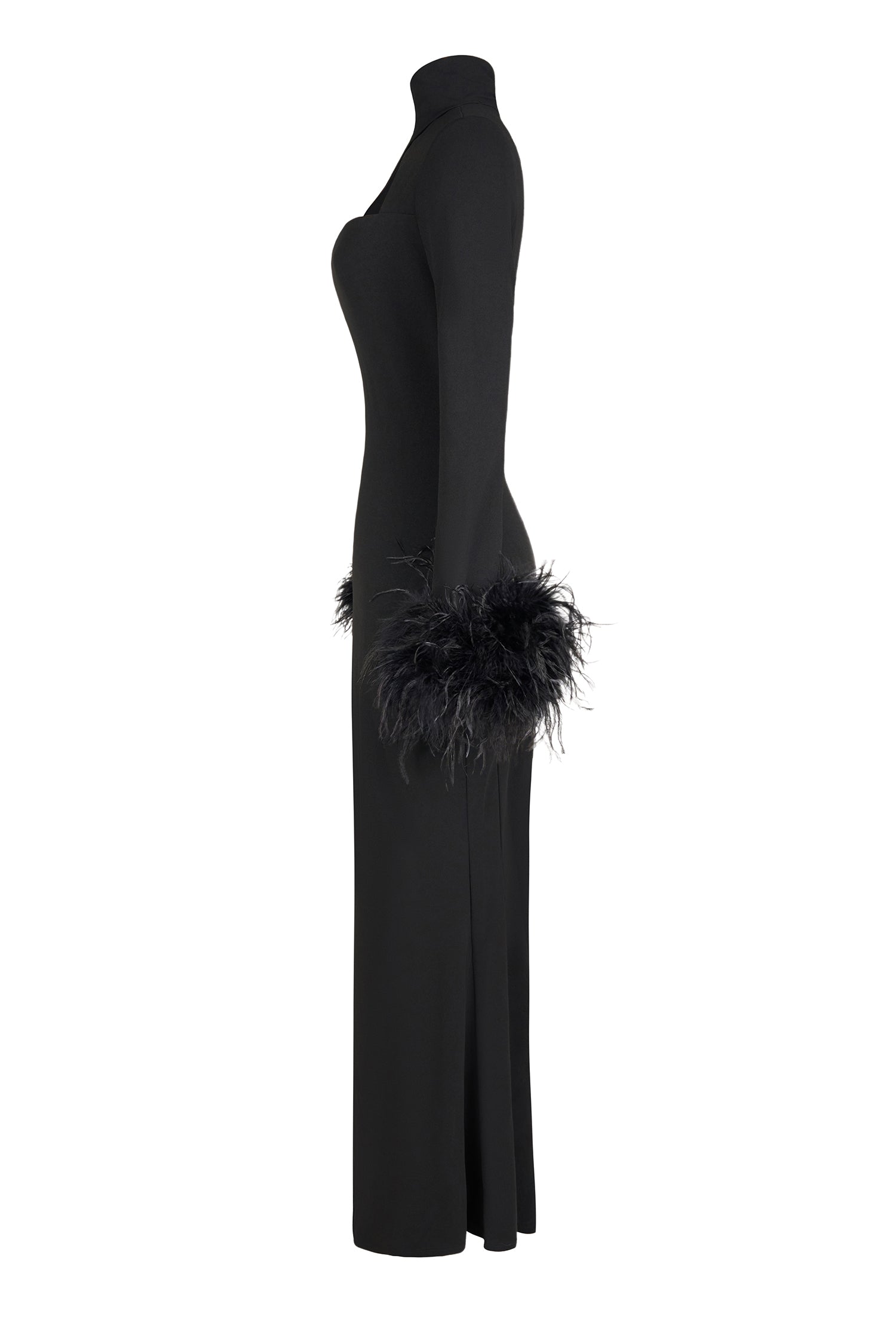 Feather Solid High Neck Midi Dress Black