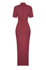 Feather Stand Collar Slit Midi Dress