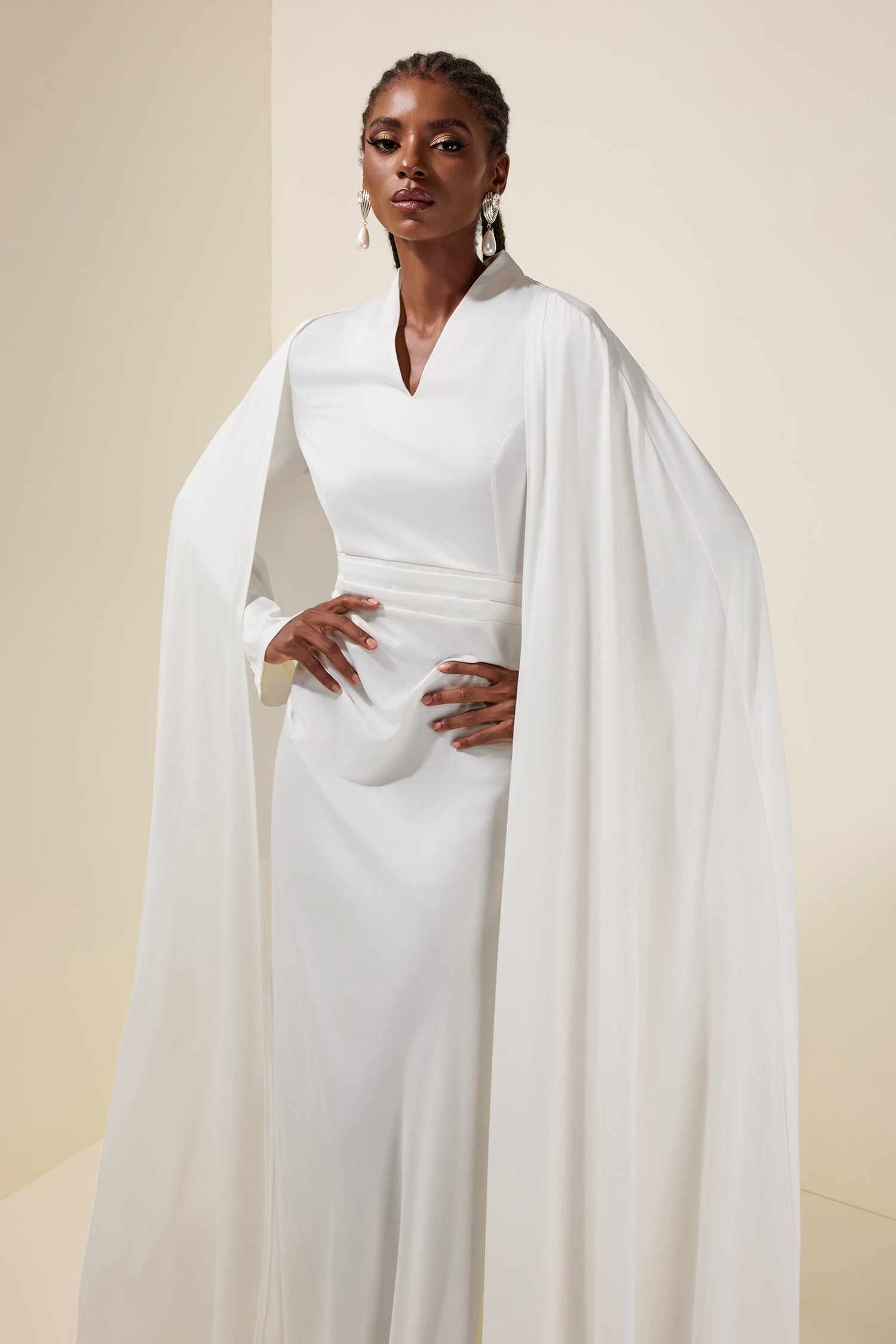 Solid V-Neck Long Sleeve Maxi Dress With Cape