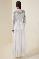 Lace Rhinestone Top With Belt & High Waist Pleated Maxi Skirt Set