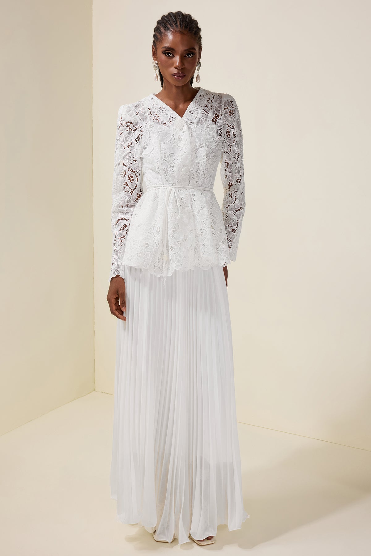 Lace Rhinestone Top With Belt & High Waist Pleated Maxi Skirt Set