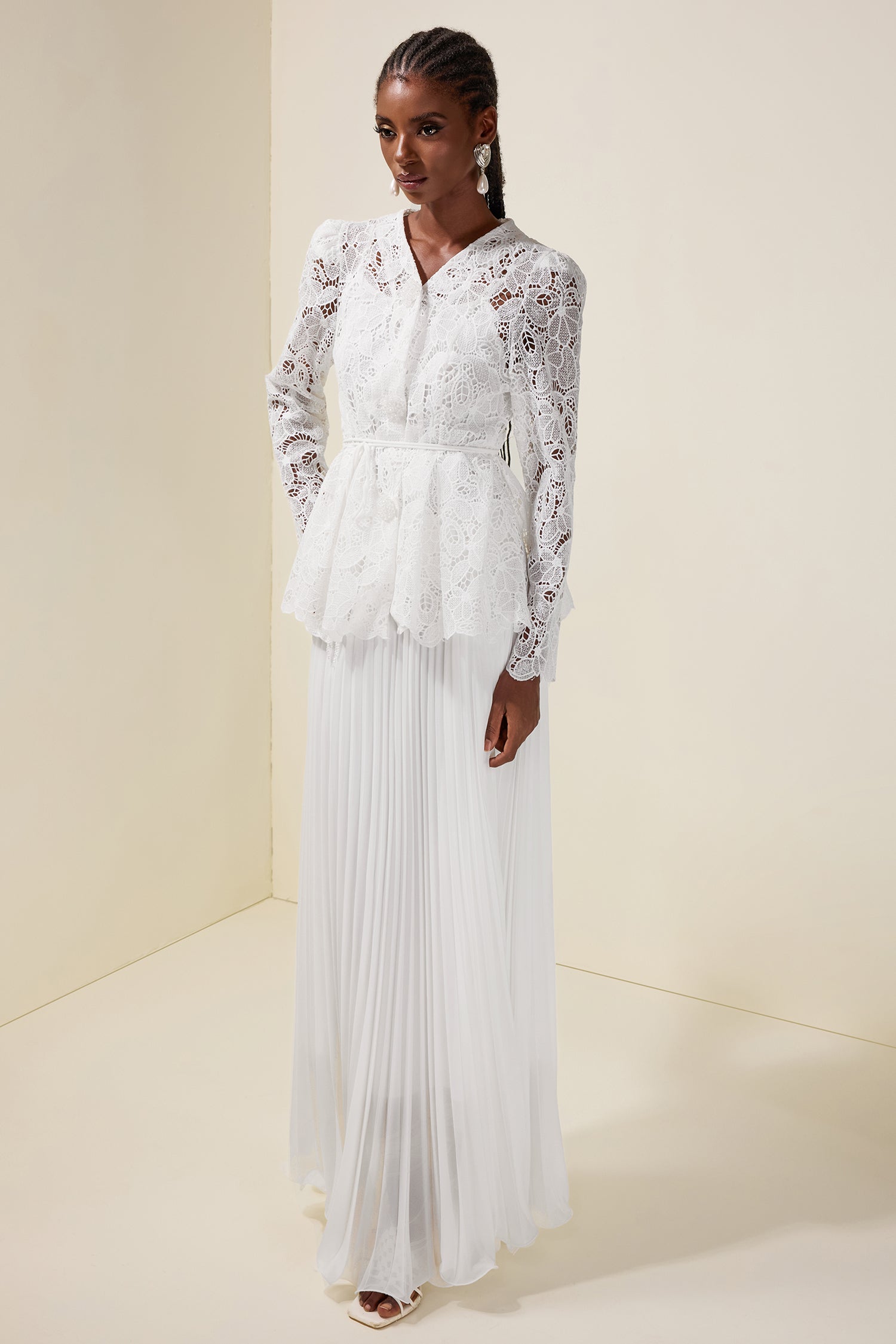 Lace Rhinestone Top With Belt & High Waist Pleated Maxi Skirt Set