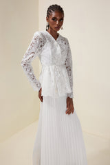 Lace Rhinestone Top With Belt & High Waist Pleated Maxi Skirt Set
