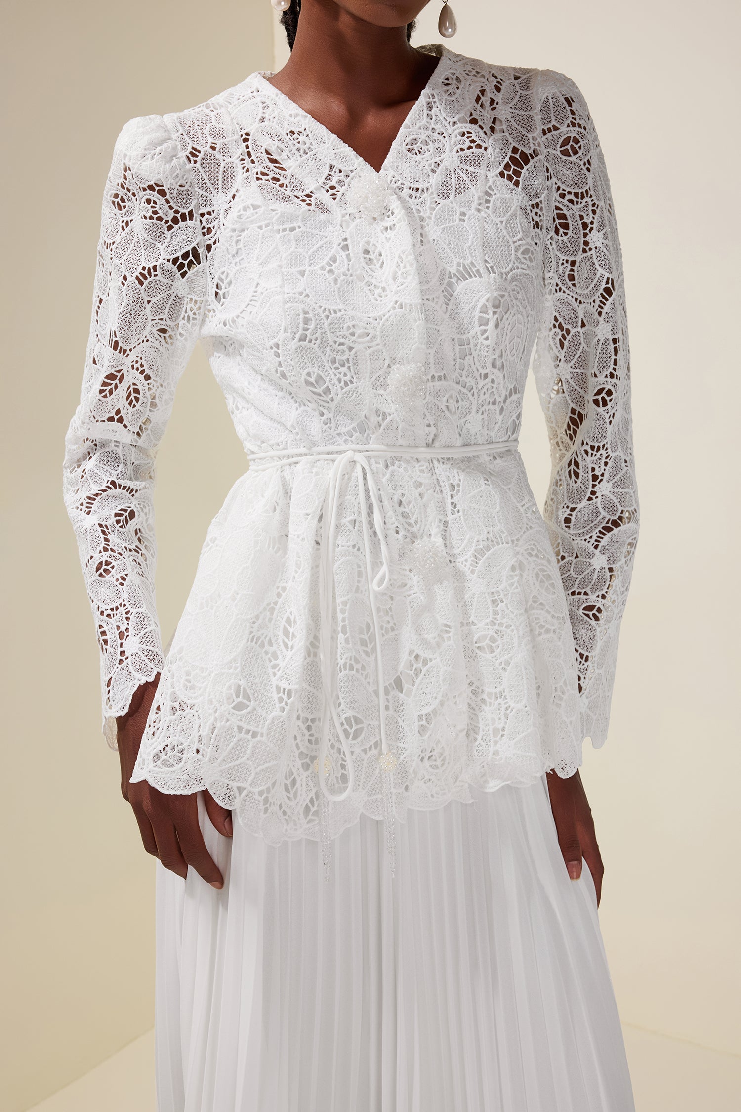 Lace Rhinestone Top With Belt & High Waist Pleated Maxi Skirt Set