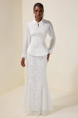 Faux Pearl Pleated Top & Lace High Waist Maxi Skirt Set
