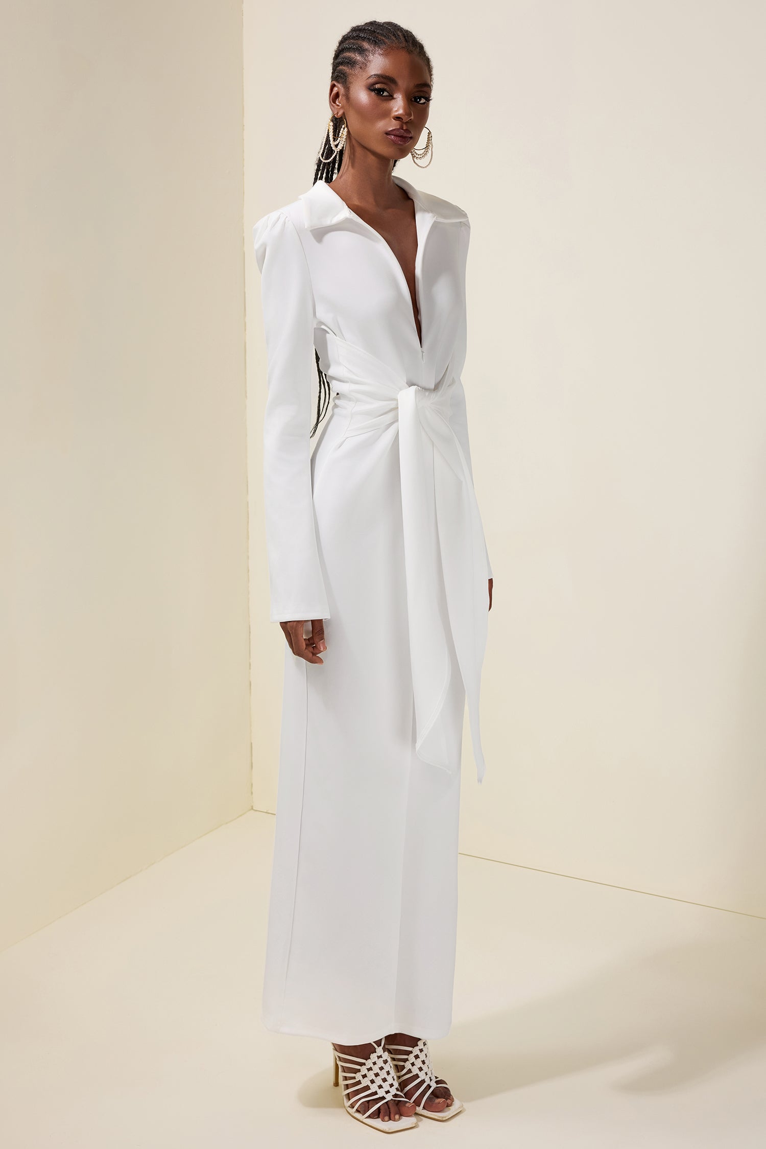 Solid V-Neck Tie-Up Maxi Dress